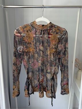 Johnny Was Francisca Mesh Floral Lace-Embellished Blouse Black, Gold & Pink NWT